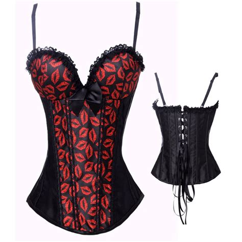 Black And Red Satin Lips Printed Corset Bustier With Straps Bra Cup Push Up Corsets For Women