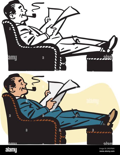 A Vintage Retro Cartoon Of A Man Relaxing On A Lounge Chair Reading A Newspaper And Smoking A