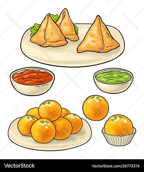 Indian Traditional Food Samosa And Ladoo Vector Image