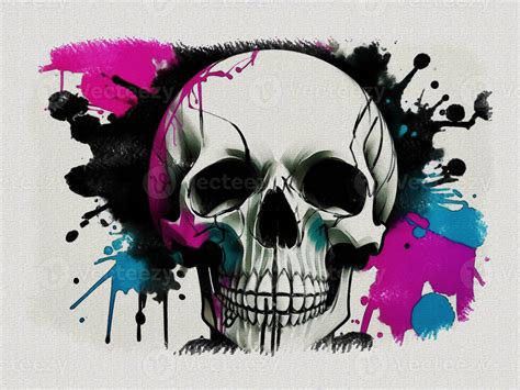 Watercolor colorful graffiti skull art illustration on white paper ...