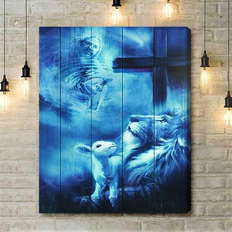 Housewarming Ts Christian Decor Jesus Blue Beautiful Lion And Lamb Canvas Print Wall Art