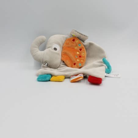 Doudou plat éléphant gris orange jaune bleu KIABI SIMBA TOYS