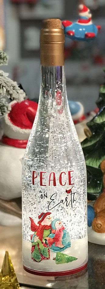 Lighted Wine Bottle With Swirling Glitter Peace On Earth Design Snow G