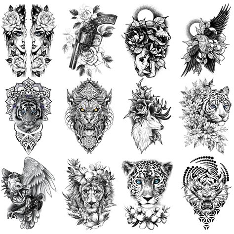 12 Sheets Arm Fake Waterproof Temporary Tattoos Stickers Black Women Gun Flower Bird Eagle