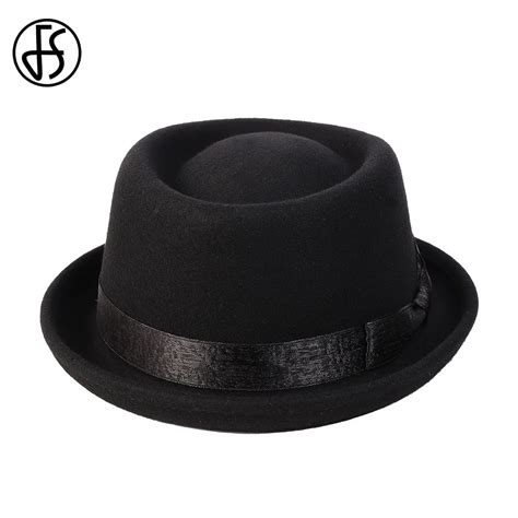 Fs 2024 Black Pork Pie Hat Wool Felt Bow Mens Fedora Jazz Cap Church Panama Gangsters