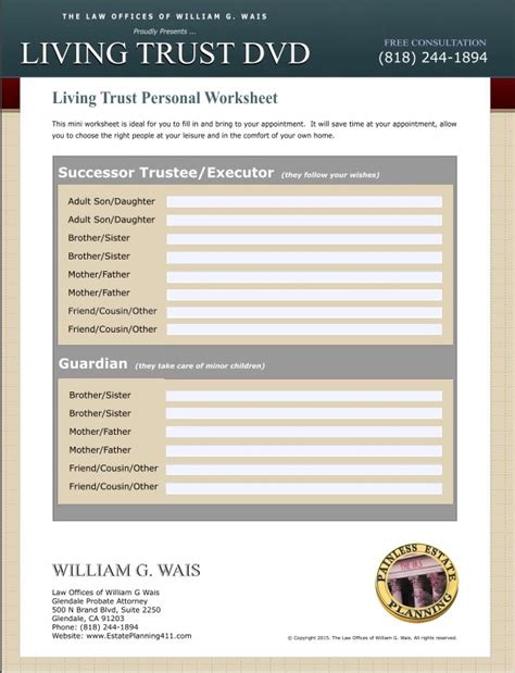 Free Living Trust Evaluation And Personal Worksheet By California Trust Lawyer William G Wais