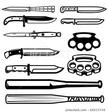 Set of gangsta weapon. Knives, brass knuckle, - Stock Illustration ...