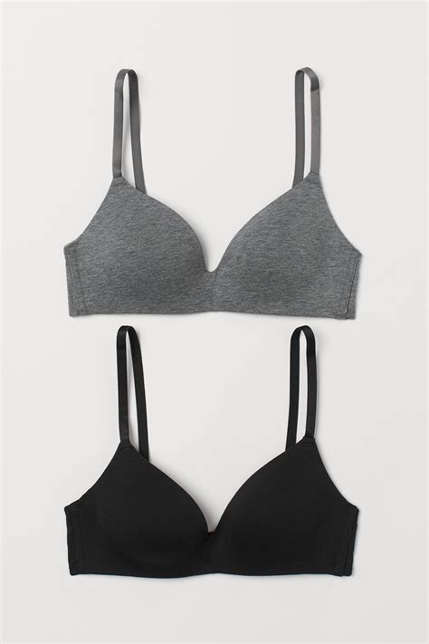 2 Pack Padded Cotton Bras Black Dark Gray Melange Ladies Handm Us