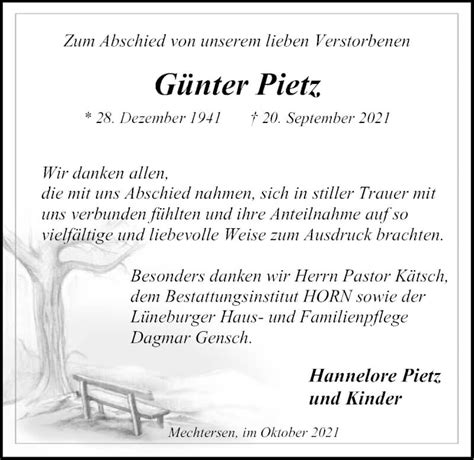 Traueranzeigen von Günter Pietz Trauer Lüneburg de