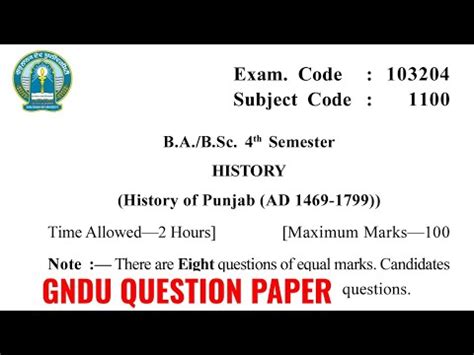 Gndu BA Bsc 4th Semester History Question Paper Ba 4th Semester