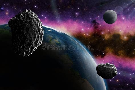 El Asteroide Se Acerca A La Tierra Los Planetas El Vuelo De Un Asteroide En El Espacio Stock De