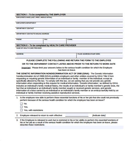 Return To Work Medical Certification Form