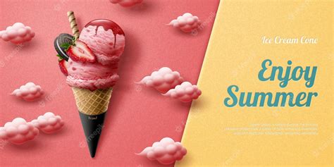 Premium Vector Tasty Strawberry Ice Cream Cone Ads With Fresh Fruit