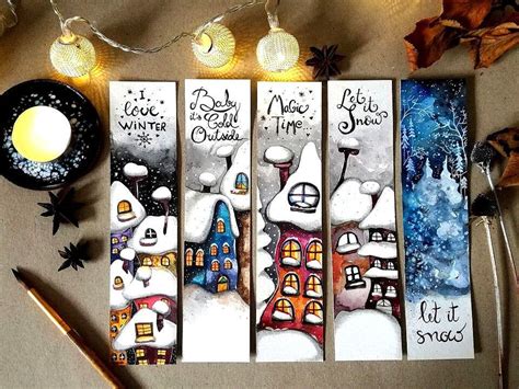 Bookmarks Set Of 5 Watercolor Winter Bookmarks Christmas Let It