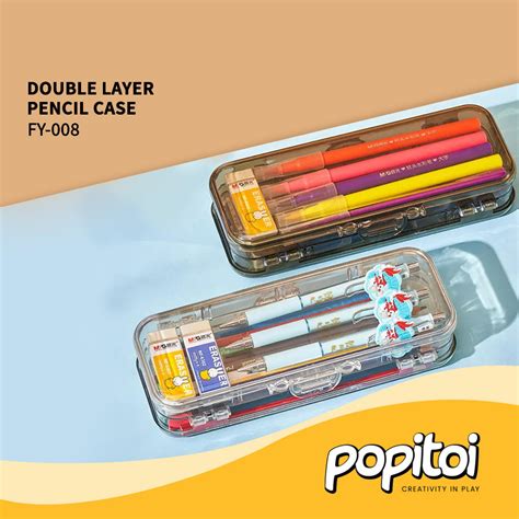 Jual Transparet Pencil Case Box Stationery Double Layer Pen Kotak