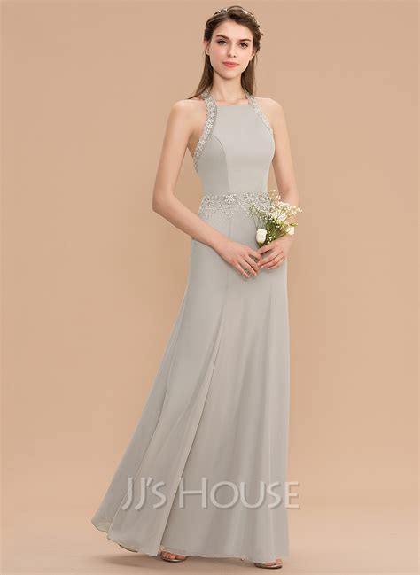 Trumpet Mermaid Halter Floor Length Chiffon Bridesmaid Dress With Lace