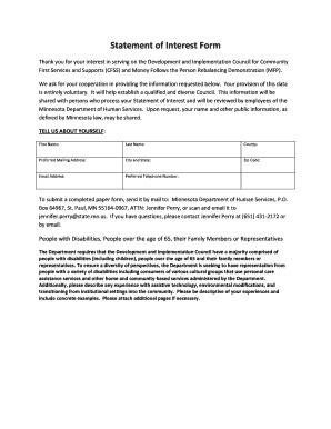 Fillable Online Dhs State Mn Statement Of Interest Form Minnesota