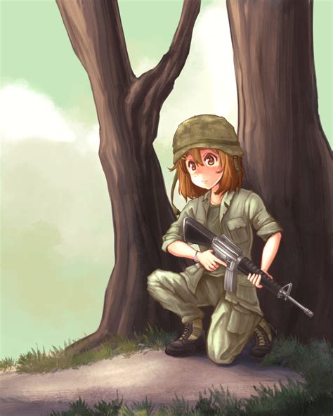 Safebooru 1girl Assault Rifle Bad Anatomy Boots Brown Eyes Brown Hair Drawfag Full Body Gun