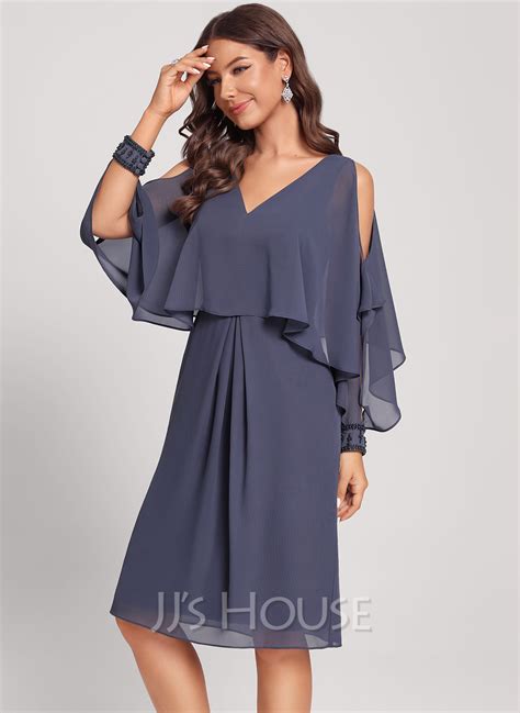 Sheathcolumn V Neck Knee Length Chiffon Cocktail Dress With Beading 016285483 Jjs House