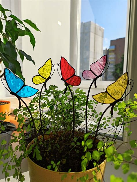 Butterfly Stain Glass Plant Stake Suncatcher Mom T Pot Etsy