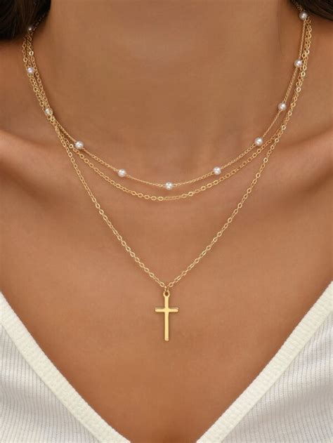 Pcs Faux Pearl Cross Decor Chain Necklace Shein Usa