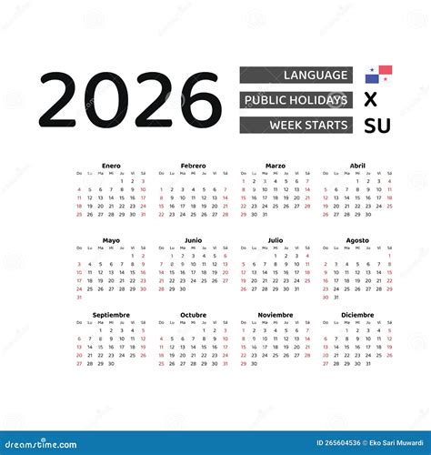 Calendar 2026 Spanish Language with Panama Public Holidays. Stock