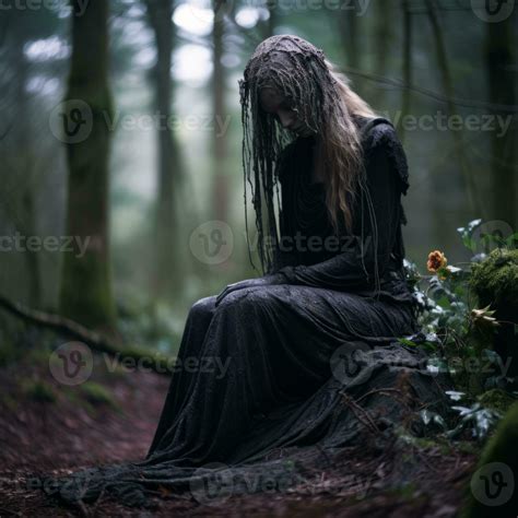 A Woman In A Black Dress Sitting On The Ground In The Woods Generative