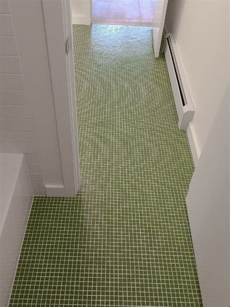 Green Floor Mosaic By Ann Sacks And White Subway Tile Shower