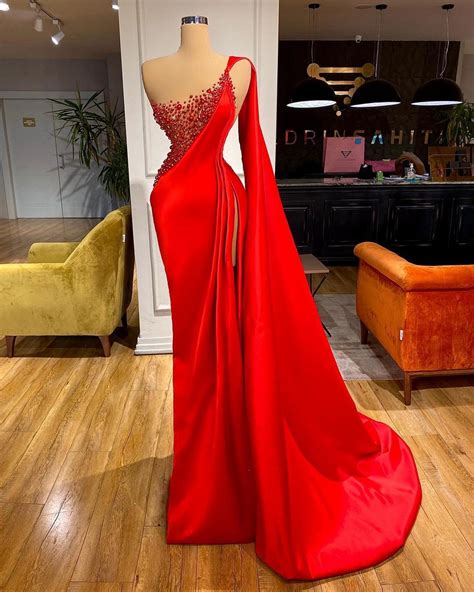 Red Prom Dresses Pearls Prom Dresses Side Slit Prom Dresses Evening