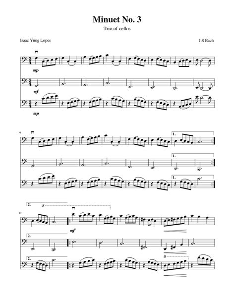 Minuet No 3 Trio Of Cellos Sheet Music For Cello String Trio