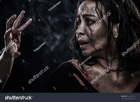 Close Up Portrait Horrible Scary Zombie Woman Stock Photo