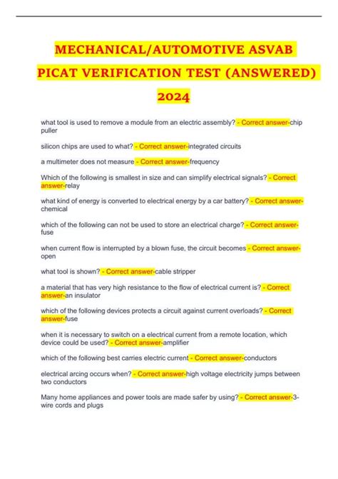 Mechanicalautomotive Asvab Picat Verification Test Answered 2024