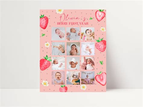 Editable Strawberry First Year Photo Collage Baby First Year Frame