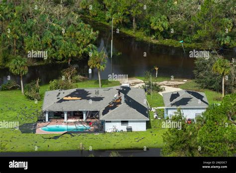 Destroyed House Roof By Hurricane Ian Strong Winds In Florida