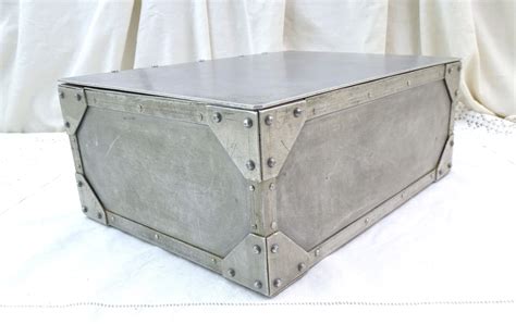 Large Vintage French Riveted Metal Aluminum Box With Top Lid Retro
