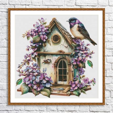 Vintage Bird House Cross Stitch Pattern Birds On A Branch Spring Bird