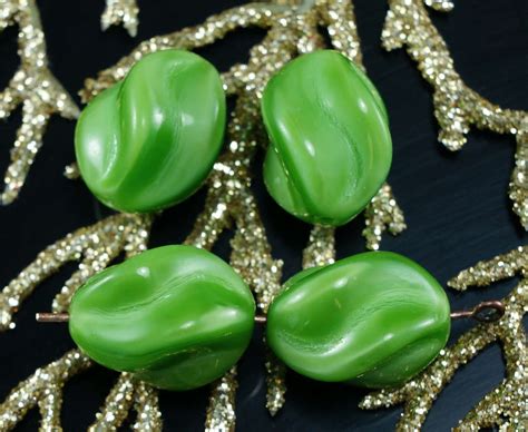 Large Opaque Satin Green Czech Glass Waved Oval Beads 15mm X 12mm 6pcs For Sale And Wholesale