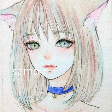 肉筆原画 絵画 手描きイラスト 猫ちゃん ケモミミ オリジナル 女の子人物画｜売買されたオークション情報、yahooの商品情報をアーカイブ