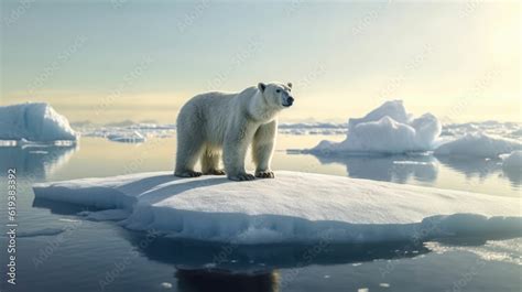 Polar Bear Stranded Standing On Melting Glacier Affected By Climate