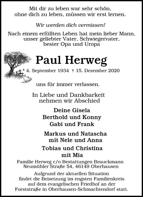 Traueranzeigen Von Paul Herweg Trauer In NRW De