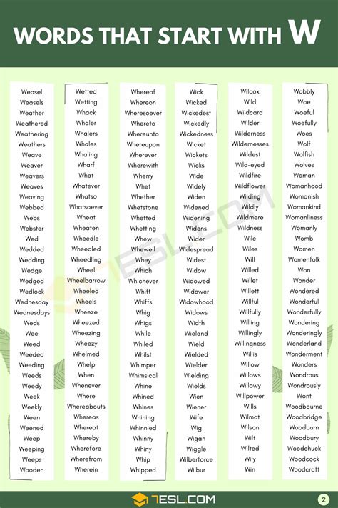 Words That Start With W W Words In English Esl