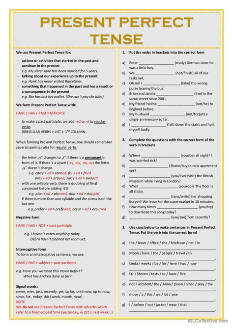 Present Perfect Tense General Gramma English Esl Worksheets Pdf Doc