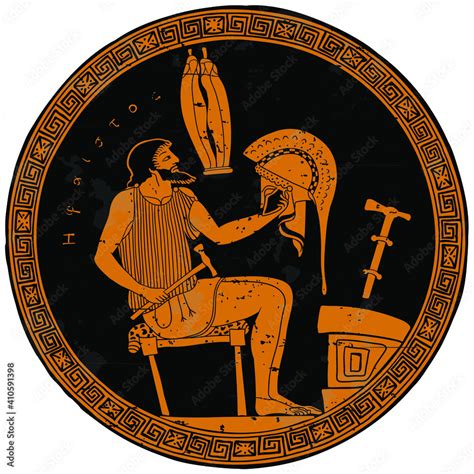 The Ancient Greek God Hephaestus Sits On A Chair And Creates A Helmet