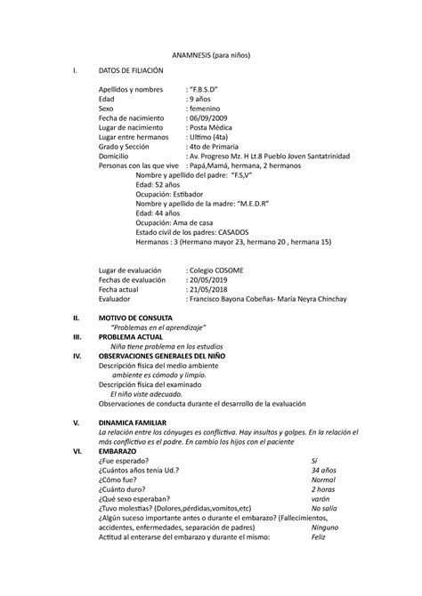 Anamnesis Anamnesis Para Ni Os I Datos De Filiaci N Apellidos Y