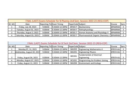 AKTU Exam Date Sheet Even FINAL LAST Exams Schedule For B 2nd Sem