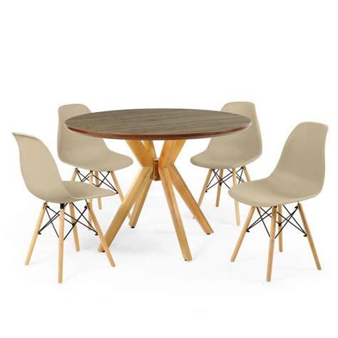 Conjunto Mesa De Jantar Redonda Marci Premium Natural Cm Cadeiras Eames Eiffel Nude