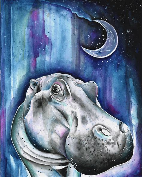 Hippo Watercolor Painting Print By Aemi Art Animal Illustration