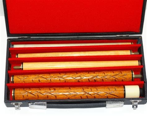 Vintage 5 Piece Carved Wood Pool Cue Carry Case Felt Lined Etsy