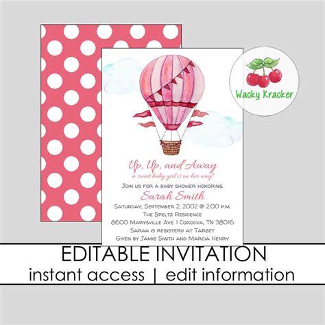 Hot Air Balloon Baby Shower Invitation Girl Baby Shower Pink And Coral Invite Editable