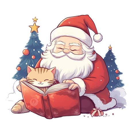 Cartoon Cute Christmas Santa Claus Reading Book And Sleeping Cat